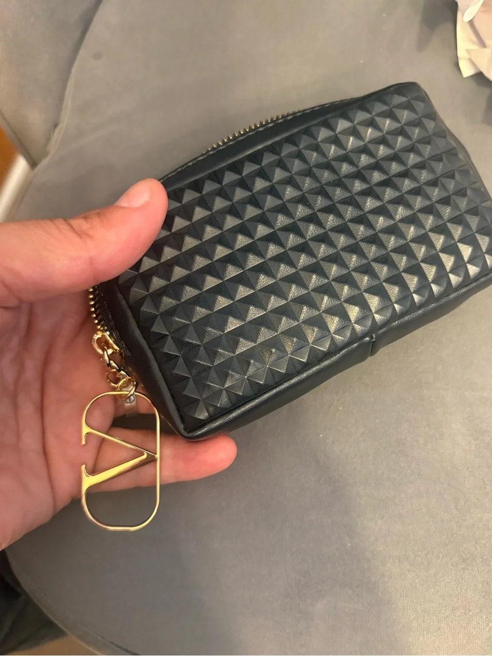 Valentino Black Quilted Rockstud Zip Card & Key Holder with Gold V Charm